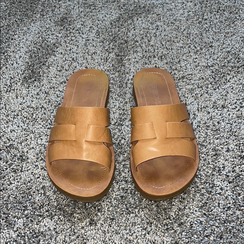 Tan Mules and Clogs with Slip-On Design and Wide Straps